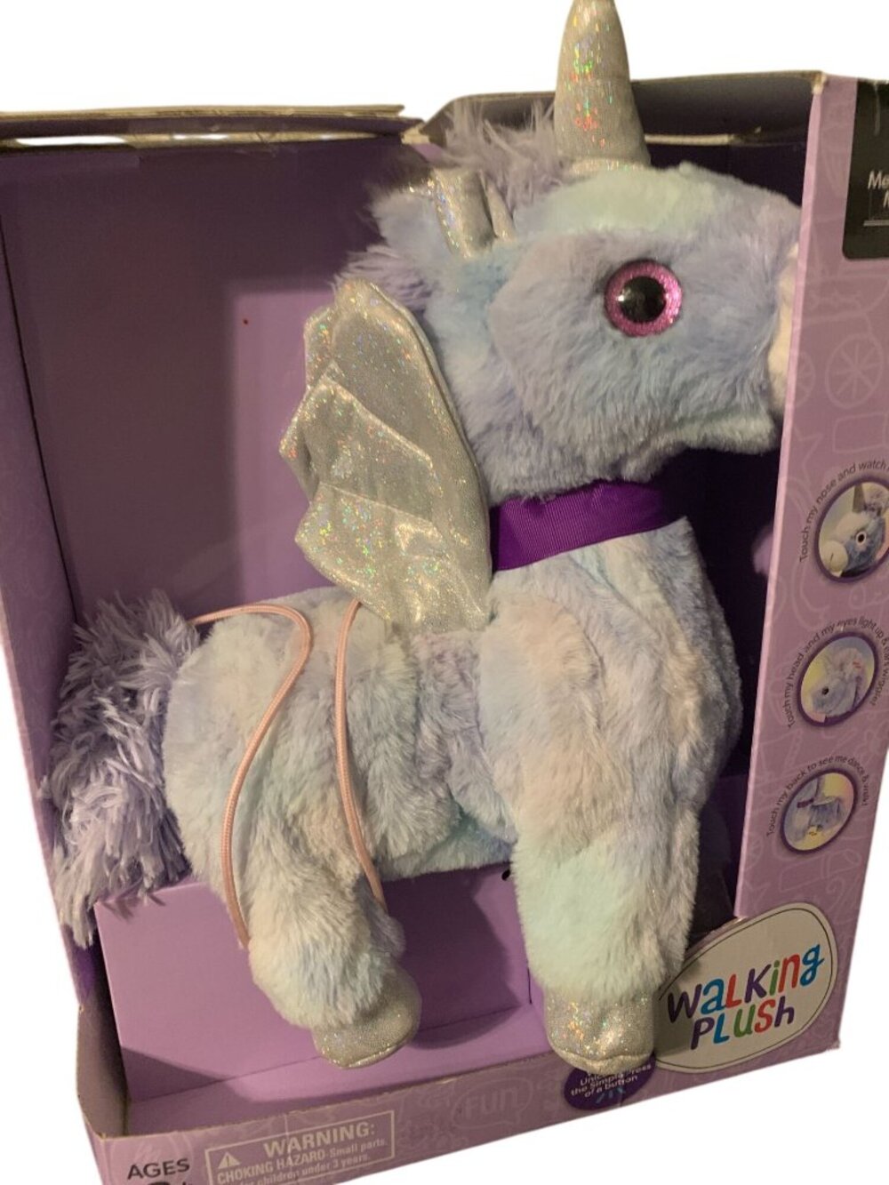 Walking Plush Light Blue Unicorn Toy With Glitter Wings & Sound Effects